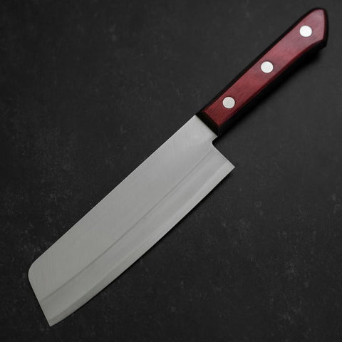 Nakiri Stainless Clad Blue Super Polished Western Black Red Handle 160mm (Tsuba-nashi) (6.3”)-[Musashi]-[Japanese-Kitchen-Knives]