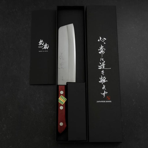 Nakiri Stainless Clad Blue Super Polished Western Black Red Handle 160mm (Tsuba-nashi) (6.3”)-[Musashi]-[Japanese-Kitchen-Knives]