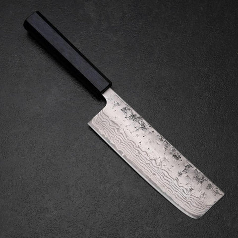 Nakiri Sweden Stainless Steel Nashiji Washi Damascus Blue Urushi Handle 165mm (6.5”)-[Musashi]-[Japanese-Kitchen-Knives]