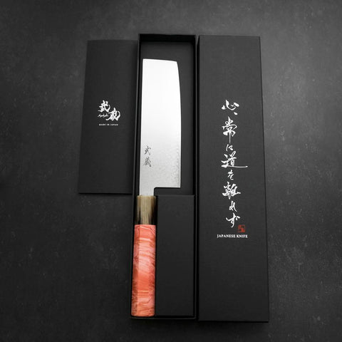 Nakiri VG-10 Damascus Buffalo Dark Pink Maple Handle 170mm (6.7”)-[Musashi]-[Japanese-Kitchen-Knives]