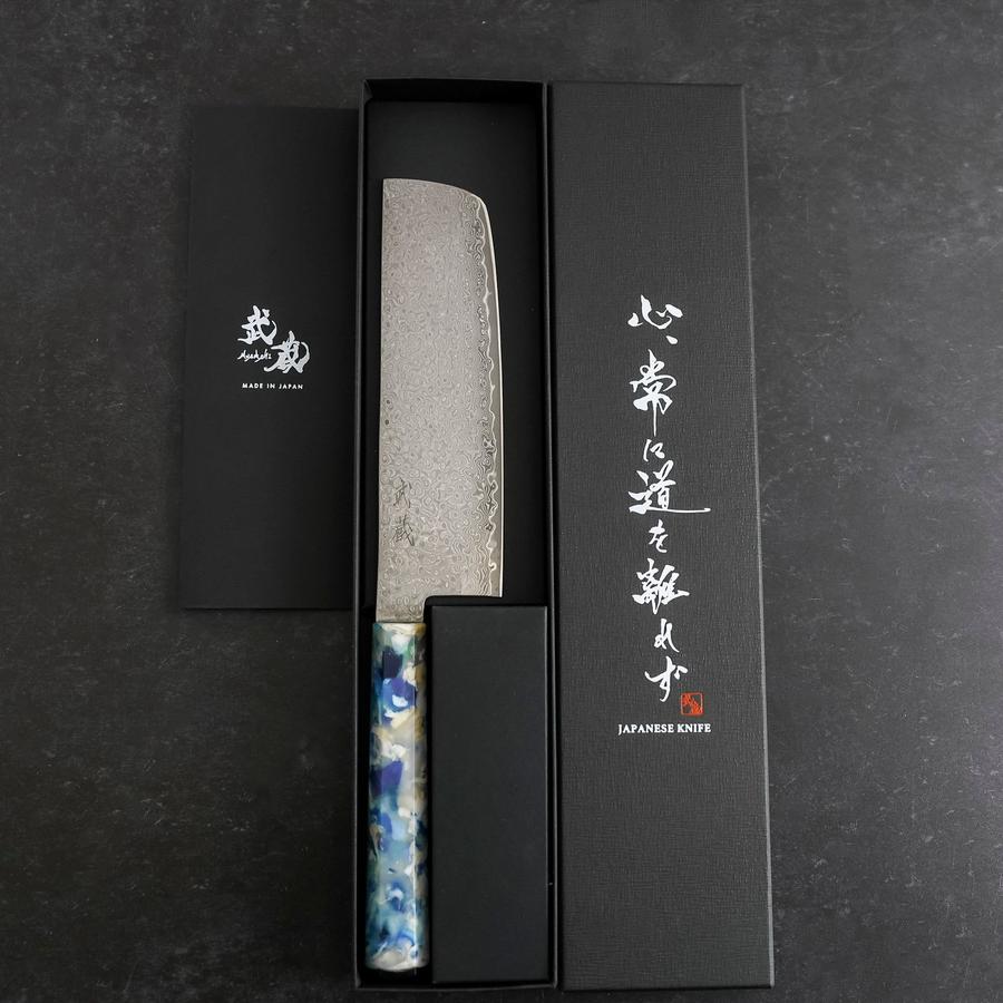 Nakiri VG-10 Damascus Ocean Blue-White Mix Handle 165mm (6.5”)-[Musashi]-[Japanese-Kitchen-Knives]