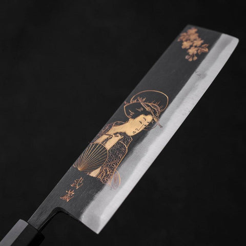 Nakiri White Steel #2 Kurouchi Chokin Ukiyo-E Buffalo Ebony Handle 165mm (6.5”)-[Musashi]-[Japanese-Kitchen-Knives]