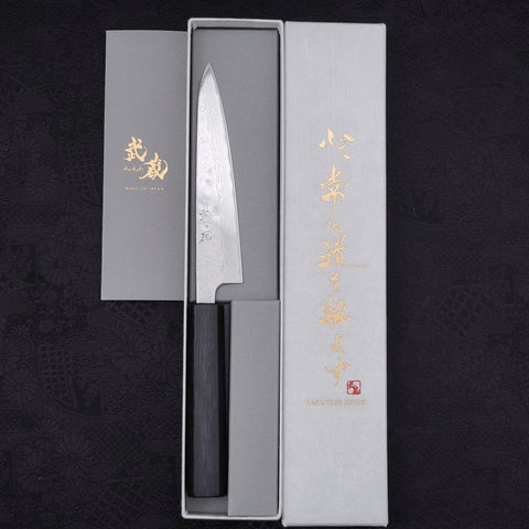 Petty AUS-10 Nashiji Damascus Dark-Blue Urushi Handle 135mm (5.3”)-[Musashi]-[Japanese-Kitchen-Knives]