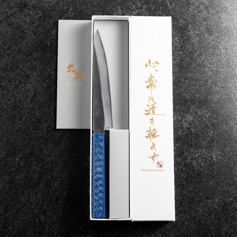 Petty Blue Steel #1 Stainless Clad Kurouchi Blue Urushi Handle 150mm (5.9”)-[Musashi]-[Japanese-Kitchen-Knives]