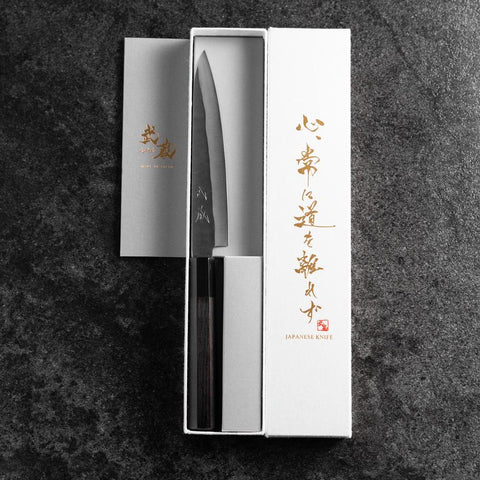 Petty Blue Steel #1 Stainless Clad Kurouchi Buffalo Ebony Handle 150mm (5.9”)-[Musashi]-[Japanese-Kitchen-Knives]