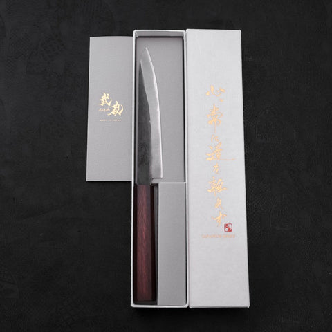 Petty Blue Steel #1 Stainless Clad Kurouchi Purple Urushi Handle 150mm (5.9”)-[Musashi]-[Japanese-Kitchen-Knives]