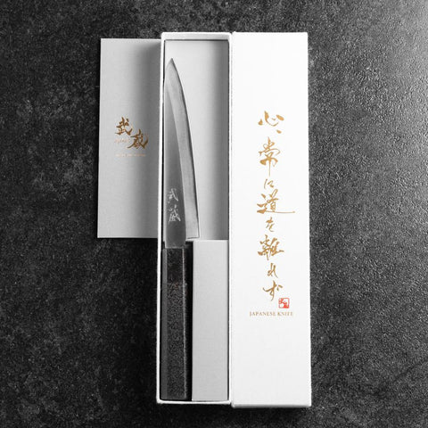 Petty Blue Steel #1 Stainless Clad Polished Black Urushi Handle 150mm (5.9”)-[Musashi]-[Japanese-Kitchen-Knives]