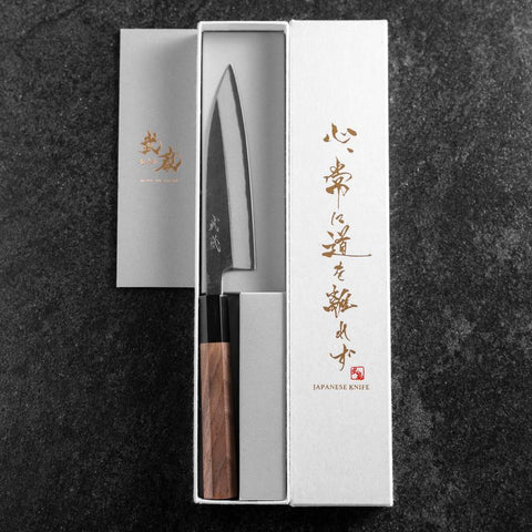 Petty Blue Steel #2 Kurouchi Buffalo Walnut Handle 135mm (5.3”)-[Musashi]-[Japanese-Kitchen-Knives]