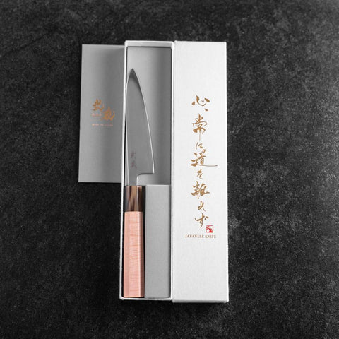 Petty SLD Mirror Buffalo Light Pink Maple Handle 130mm (5.1”)-[Musashi]-[Japanese-Kitchen-Knives]