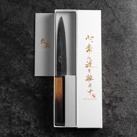 Petty Stainless Clad AUS-8 Kurouchi Tsuchime Yaki Urushi Handle 155mm (6.1”)-[Musashi]-[Japanese-Kitchen-Knives]