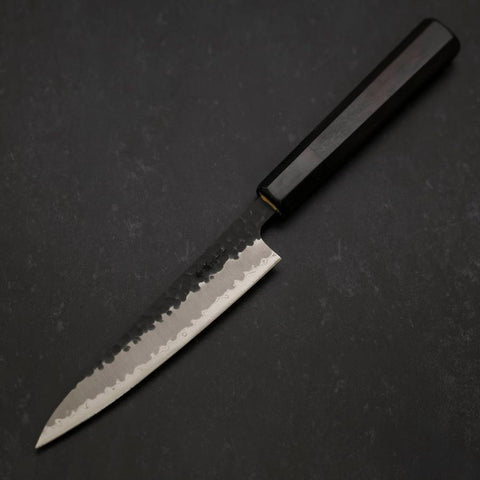 Petty Stainless Clad Blue Super Kurouchi Tsuchime Buffalo Ebony Handle 135mm (5.3”)-[Musashi]-[Japanese-Kitchen-Knives]