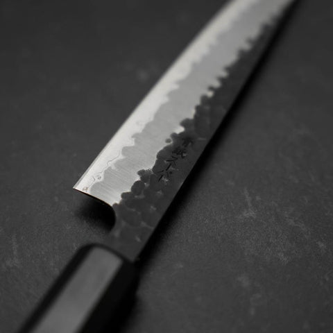 Petty Stainless Clad Blue Super Kurouchi Tsuchime Buffalo Ebony Handle 135mm (5.3”)-[Musashi]-[Japanese-Kitchen-Knives]