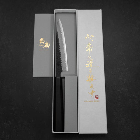 Petty Stainless Clad Blue Super Kurouchi Tsuchime Buffalo Ebony Handle 135mm (5.3”)-[Musashi]-[Japanese-Kitchen-Knives]