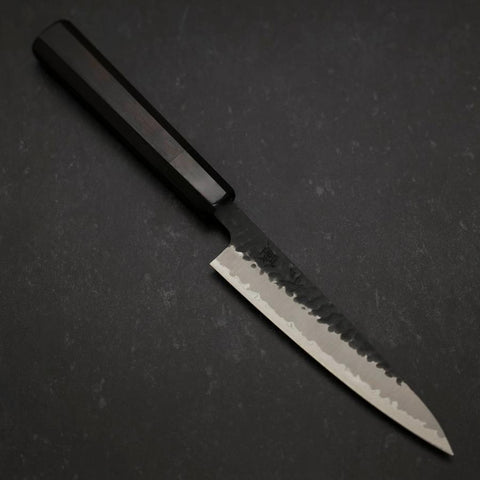 Petty Stainless Clad Blue Super Kurouchi Tsuchime Buffalo Ebony Handle 135mm (5.3”)-[Musashi]-[Japanese-Kitchen-Knives]