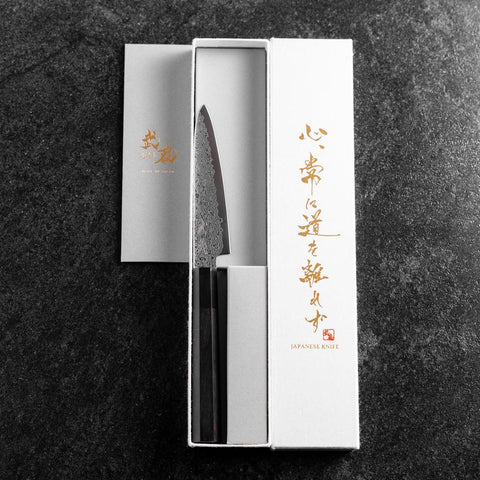 Petty VG-10 Damascus Buffalo Ebony Handle 120mm (4.7”)-[Musashi]-[Japanese-Kitchen-Knives]