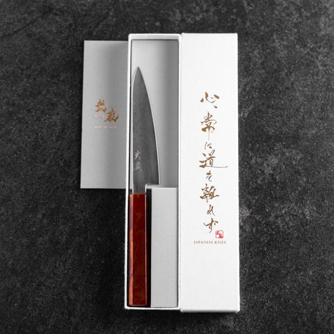 Petty VG-10 Damascus Yamanaka Red Urushi Handle 135mm (5.3”)-[Musashi]-[Japanese-Kitchen-Knives]