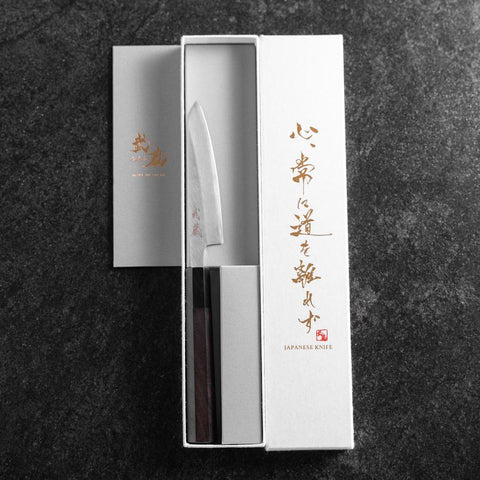 Petty White Steel #2 Stainless Clad Kasumi Buffalo Ebony Handle 110mm (4.3”)-[Musashi]-[Japanese-Kitchen-Knives]