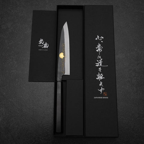 Petty White Steel #2 Stainless Clad Kurouchi Chokin Auspicious Cloud-Sun Buffalo Ebony Handle 150mm (5.9”)-[Musashi]-[Japanese-Kitchen-Knives]