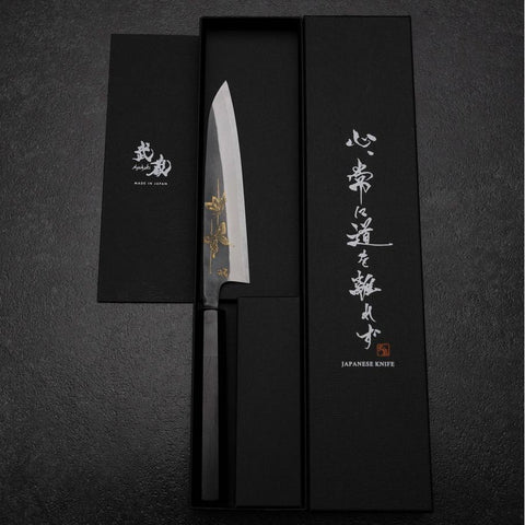 Petty White Steel #2 Stainless Clad Kurouchi Chokin Butterfly Buffalo Ebony Handle 150mm (5.9”)-[Musashi]-[Japanese-Kitchen-Knives]