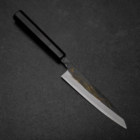 Petty White Steel #2 Stainless Clad Kurouchi Chokin Nami Buffalo Ebony Handle 150mm (5.9”)-[Musashi]-[Japanese-Kitchen-Knives]