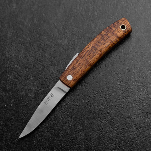 Pocket Knife AUS-8 Hawaiian Koa Outdoor Knife 55mm with Leather Sheath (2.2”)-[Musashi]-[Japanese-Kitchen-Knives]