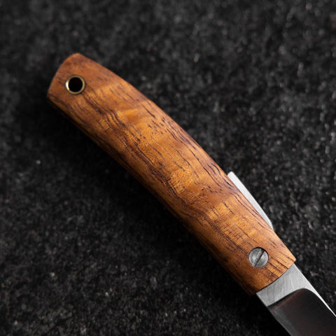 Pocket Knife AUS-8 Hawaiian Koa Outdoor Knife 55mm with Leather Sheath (2.2”)-[Musashi]-[Japanese-Kitchen-Knives]