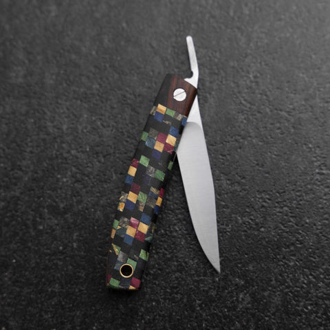 Pocket Knife VG-10 Plaid Stabilized Wood Outdoor Knife 55mm with Leather Sheath (2.2”)-[Musashi]-[Japanese-Kitchen-Knives]