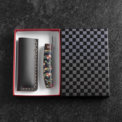 Pocket Knife VG-10 Plaid Stabilized Wood Outdoor Knife 55mm with Leather Sheath (2.2”)-[Musashi]-[Japanese-Kitchen-Knives]