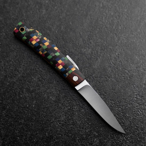 Pocket Knife VG-10 Plaid Stabilized Wood Outdoor Knife 55mm with Leather Sheath (2.2”)-[Musashi]-[Japanese-Kitchen-Knives]