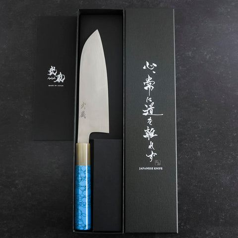 Santoku AUS-10 Nickel Damascus Buffalo Turquoise Handle 170mm (6.7”)-[Musashi]-[Japanese-Kitchen-Knives]