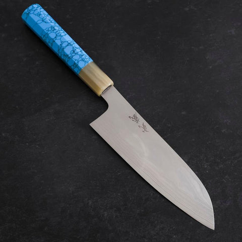 Santoku AUS-10 Nickel Damascus Buffalo Turquoise Handle 170mm (6.7”)-[Musashi]-[Japanese-Kitchen-Knives]
