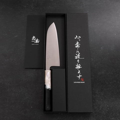 Santoku AUS-10 Polished Ocean Black White Handle 165mm (6.5”)-[Musashi]-[Japanese-Kitchen-Knives]
