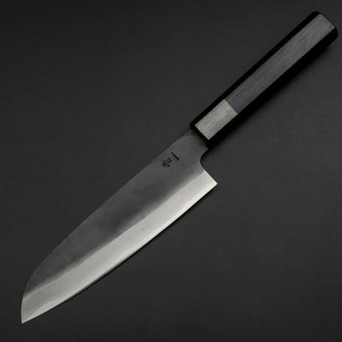 Santoku Blue Steel #1 Stainless Clad Kurouchi Dark Blue Urushi Handle 170mm (6.7”)-[Musashi]-[Japanese-Kitchen-Knives]