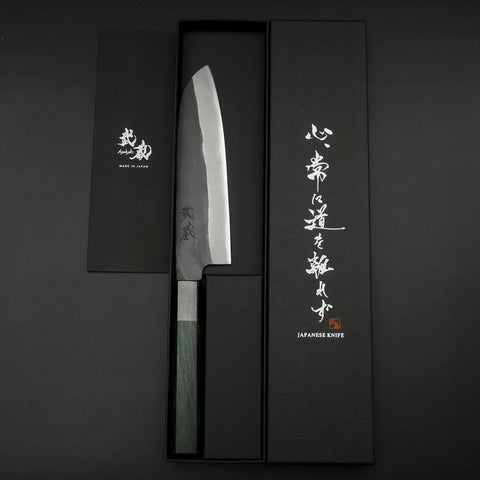 Santoku Blue Steel #1 Stainless Clad Kurouchi Green Urushi Handle 170mm (6.7”)-[Musashi]-[Japanese-Kitchen-Knives]