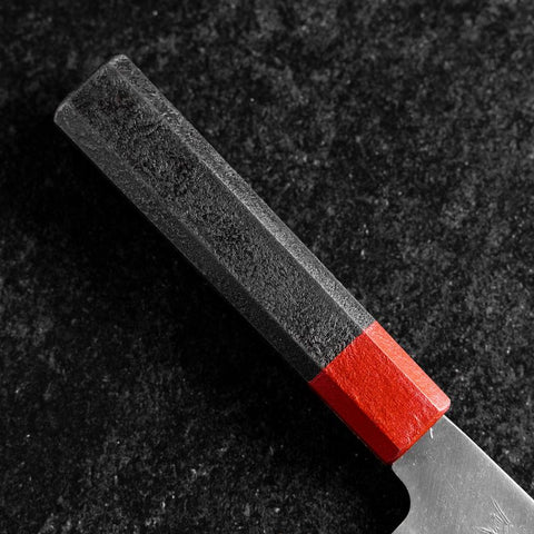 Santoku Blue Steel #1 Stainless Clad Kurouchi Red and Black Urushi Handle 165mm (6.5”)-[Musashi]-[Japanese-Kitchen-Knives]