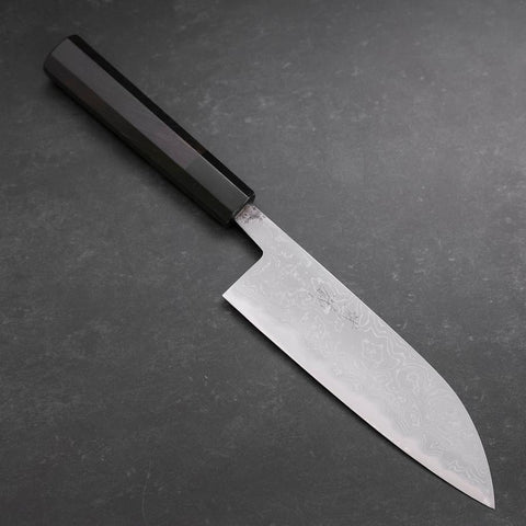 Santoku Blue Steel #2 Damascus Buffalo Ebony Handle 165mm (6.5”)-[Musashi]-[Japanese-Kitchen-Knives]