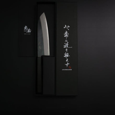 Santoku Blue Steel #2 Kurouchi Buffalo Ebony Handle 165mm (6.5”)-[Musashi]-[Japanese-Kitchen-Knives]