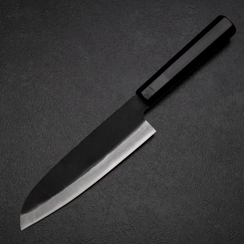 Santoku Blue Steel #2 Kurouchi Chokin Eagle Pine Buffalo Ebony Handle 165mm (6.5”)-[Musashi]-[Japanese-Kitchen-Knives]