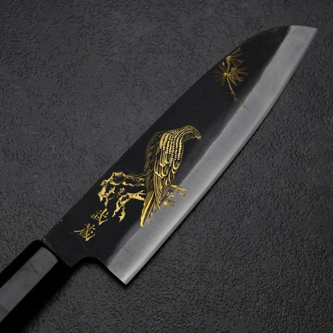 Santoku Blue Steel #2 Kurouchi Chokin Eagle Pine Buffalo Ebony Handle 165mm (6.5”)-[Musashi]-[Japanese-Kitchen-Knives]