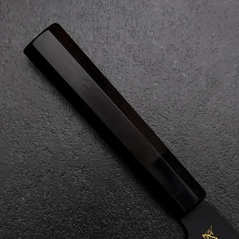 Santoku Blue Steel #2 Kurouchi Chokin Eagle Pine Buffalo Ebony Handle 165mm (6.5”)-[Musashi]-[Japanese-Kitchen-Knives]