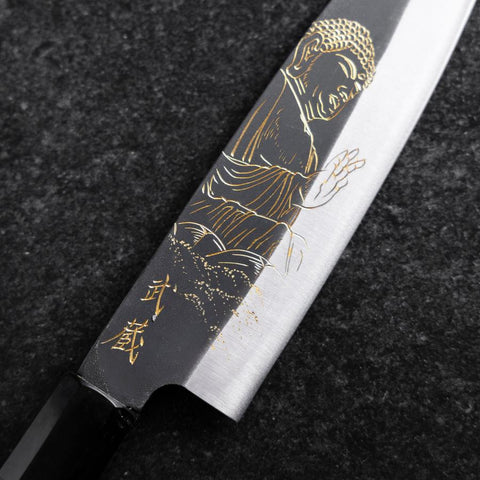 Santoku Blue Steel #2 Kurouchi Chokin Great Buddha Buffalo Ebony Handle 165mm (6.5")-[Musashi]-[Japanese-Kitchen-Knives]