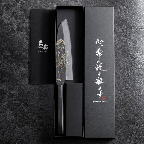 Santoku Blue Steel #2 Kurouchi Chokin Great Buddha Buffalo Ebony Handle 165mm (6.5")-[Musashi]-[Japanese-Kitchen-Knives]