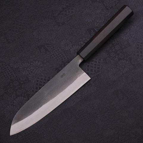 Santoku Blue Steel #2 Kurouchi Chokin Nami-Fuji Buffalo Ebony Handle 170mm (6.7”)-[Musashi]-[Japanese-Kitchen-Knives]