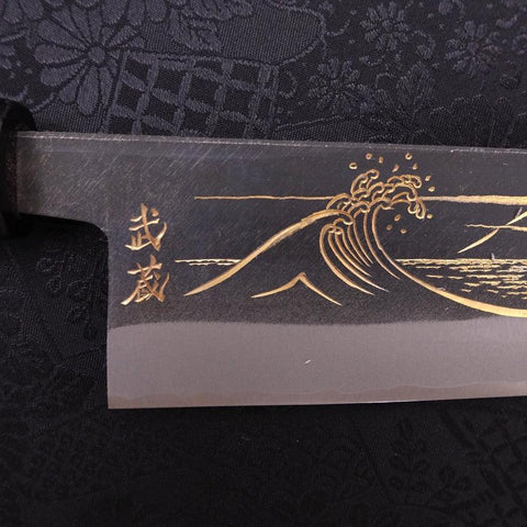 Santoku Blue Steel #2 Kurouchi Chokin Nami-Fuji Buffalo Ebony Handle 170mm (6.7”)-[Musashi]-[Japanese-Kitchen-Knives]