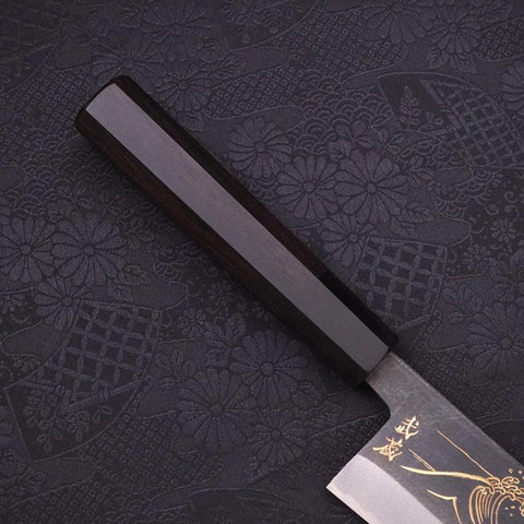 Santoku Blue Steel #2 Kurouchi Chokin Nami-Fuji Buffalo Ebony Handle 170mm (6.7”)-[Musashi]-[Japanese-Kitchen-Knives]