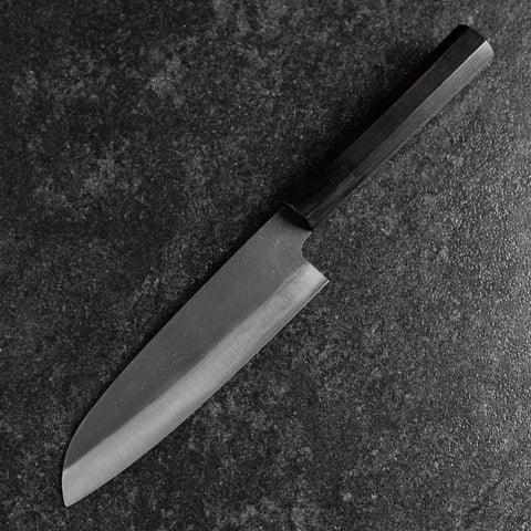 Santoku Blue Steel #2 Kurouchi Chokin Sakura-Fuji Buffalo Ebony Handle 165mm (6.5”)-[Musashi]-[Japanese-Kitchen-Knives]