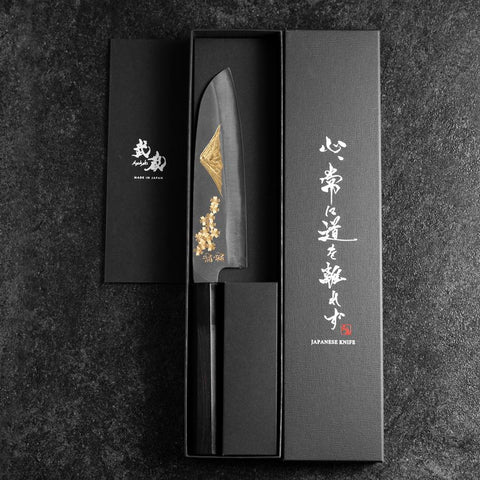 Santoku Blue Steel #2 Kurouchi Chokin Sakura-Fuji Buffalo Ebony Handle 165mm (6.5”)-[Musashi]-[Japanese-Kitchen-Knives]