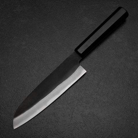 Santoku Blue Steel #2 Kurouchi Chokin Samurai New Moon Buffalo Ebony Handle 165mm (6.5”)-[Musashi]-[Japanese-Kitchen-Knives]