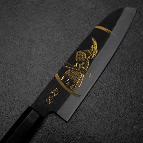 Santoku Blue Steel #2 Kurouchi Chokin Samurai New Moon Buffalo Ebony Handle 165mm (6.5”)-[Musashi]-[Japanese-Kitchen-Knives]