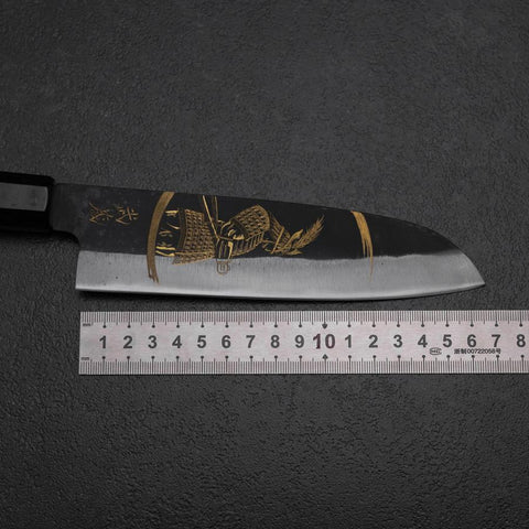 Santoku Blue Steel #2 Kurouchi Chokin Samurai New Moon Buffalo Ebony Handle 165mm (6.5”)-[Musashi]-[Japanese-Kitchen-Knives]